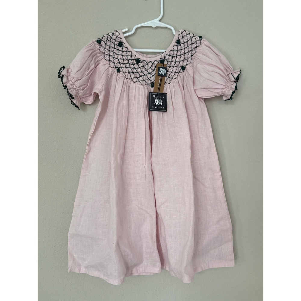 NWT Madison Mathews 100% Linen‎ Pink/Green Smocked Dress Girl's Large/8 READ